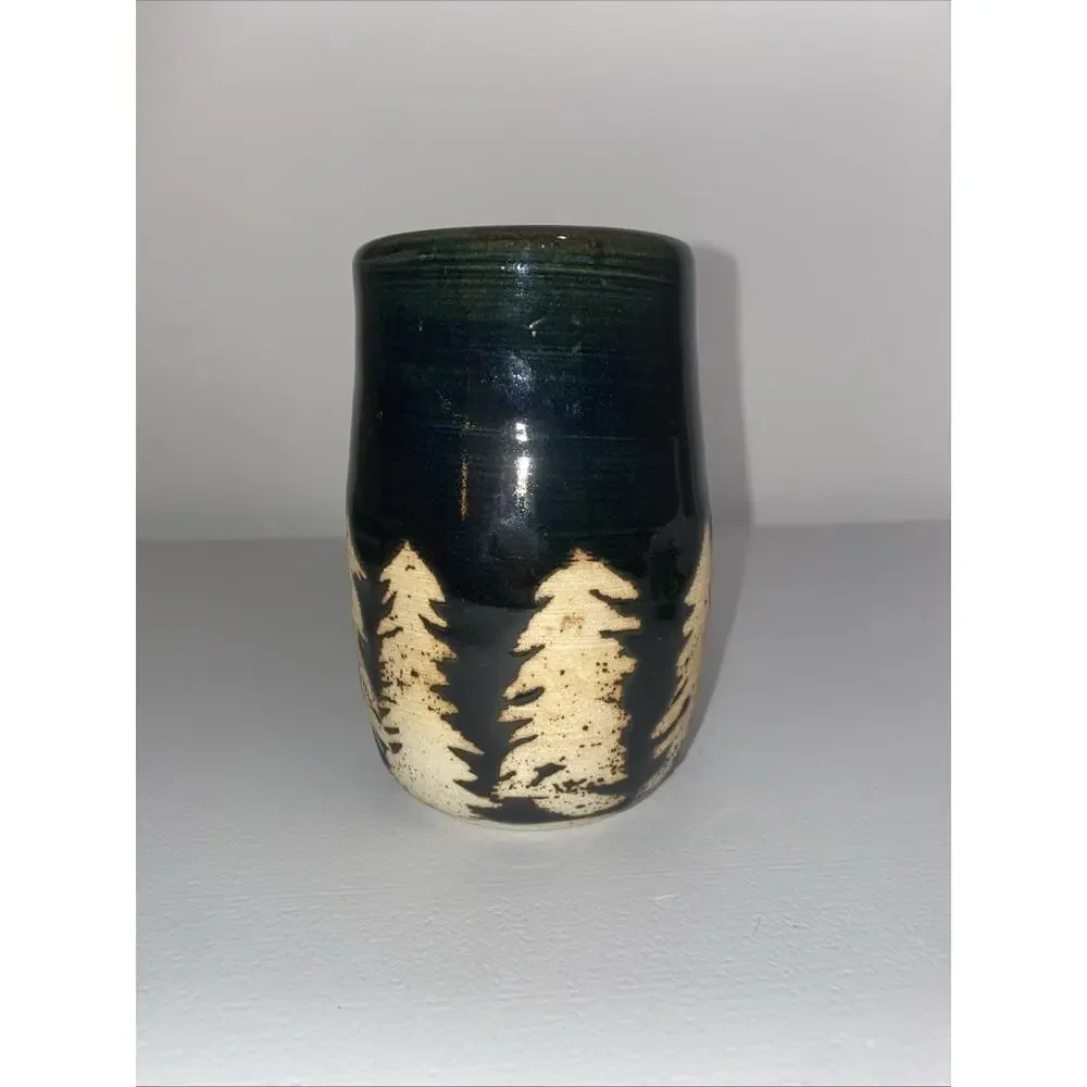 Studio Art Pottery Hand Thrown Glazed Vase/ Pen Holder Black With Trees